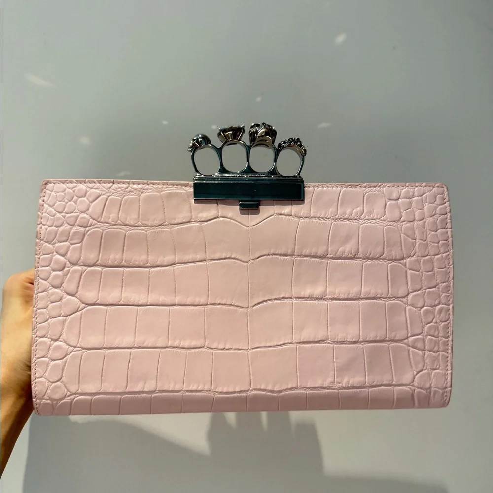 Alexander McQueen Pale Pink Croc-Embossed Knuckle Clutch